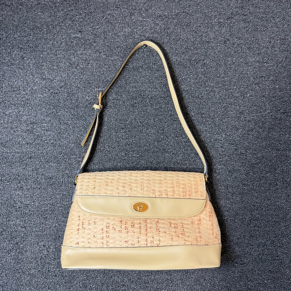 Etienne Aigner Beige and Pink Woven Shoulder Bag with Turn-Lock